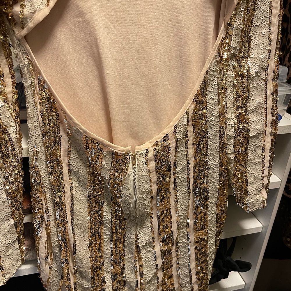 Sequined Gold Stripe Long Sleeve Dress - Elegant Evening Wear - Picture 3 of 4